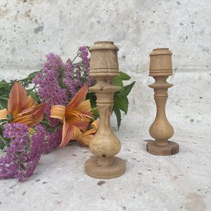 Vintage Blonde Turned Wood Candlesticks, Set Of Two